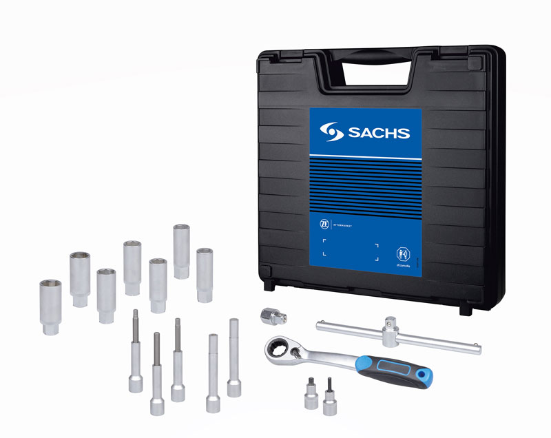 Набор специального инструмента Sachs для замены амортизаторов включает в себя 17 отдельных деталей